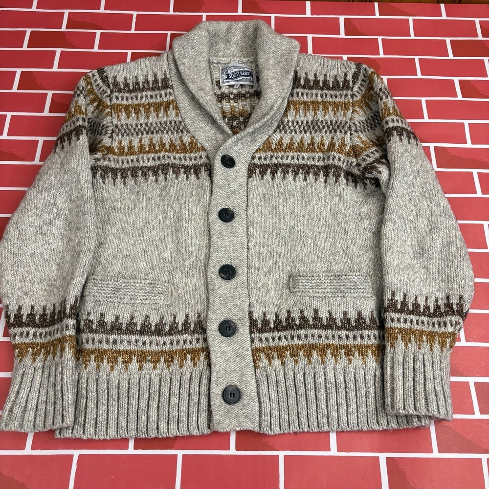 Schott Bros Cardigan Sweater Mens M Beige Fair Isle Shawl Collar Knit Wool